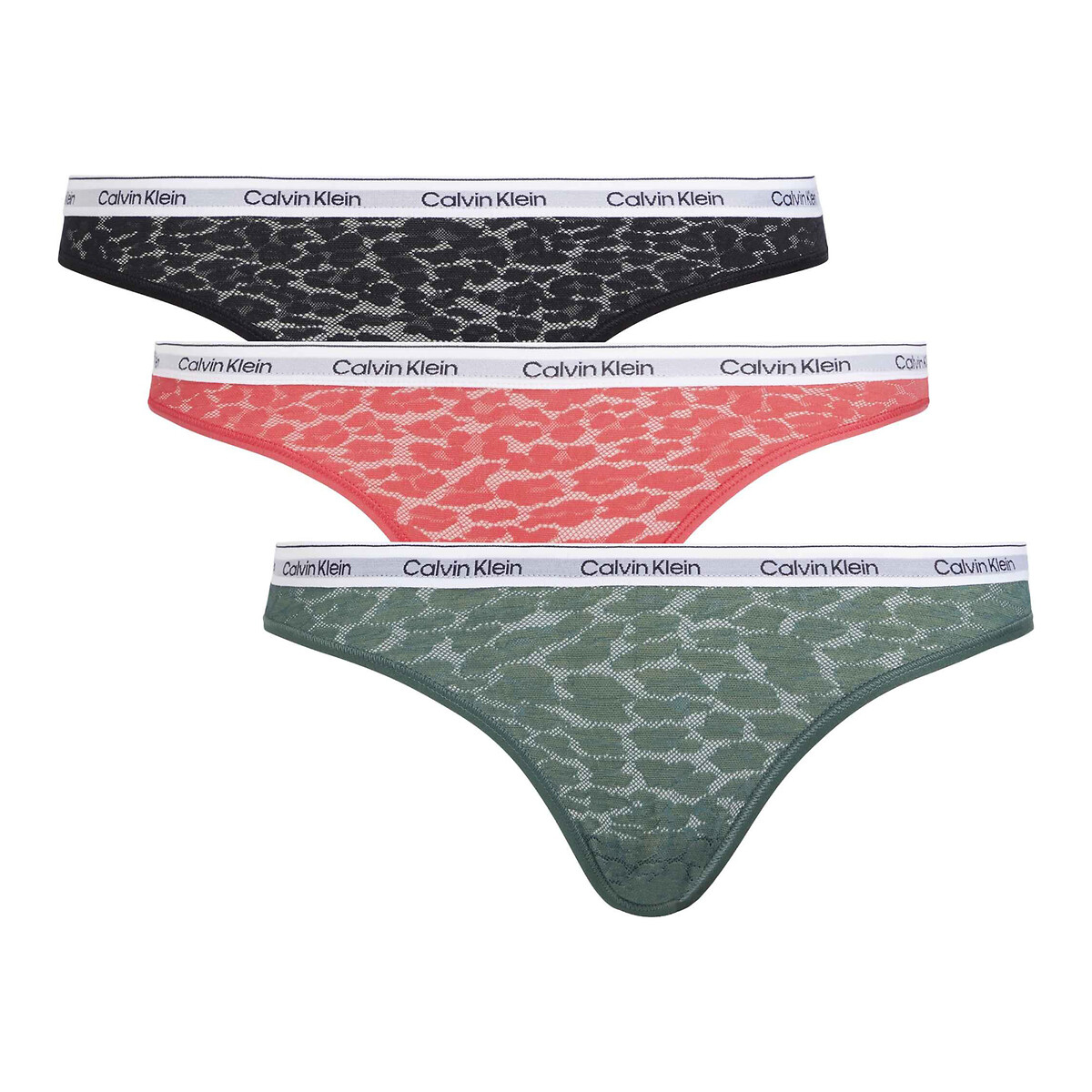Pack of 3 modern logo lace knickers, green/pink/black, Calvin Klein