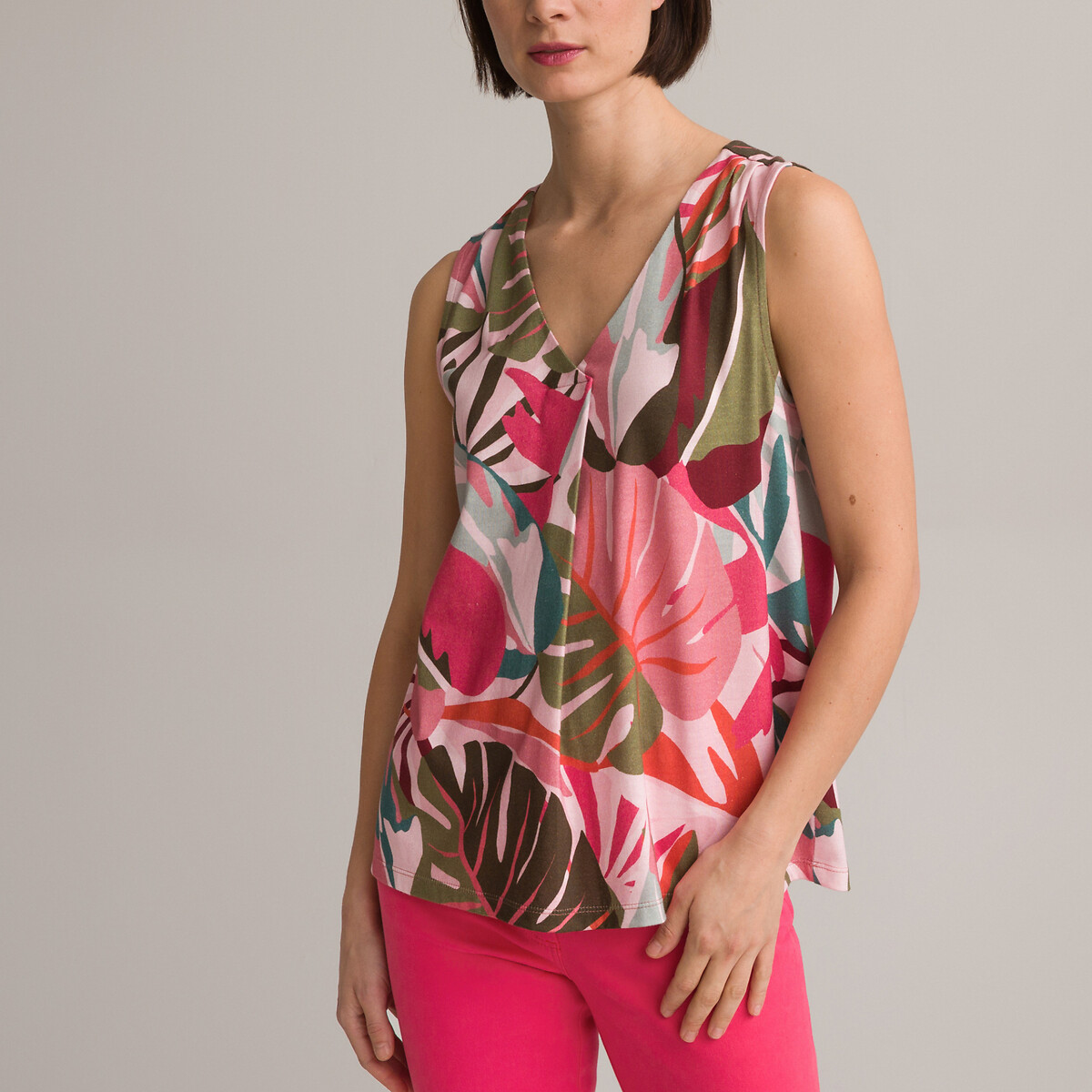 Image of Printed Sleeveless Vest Top in Cotton Mix with V-Neck