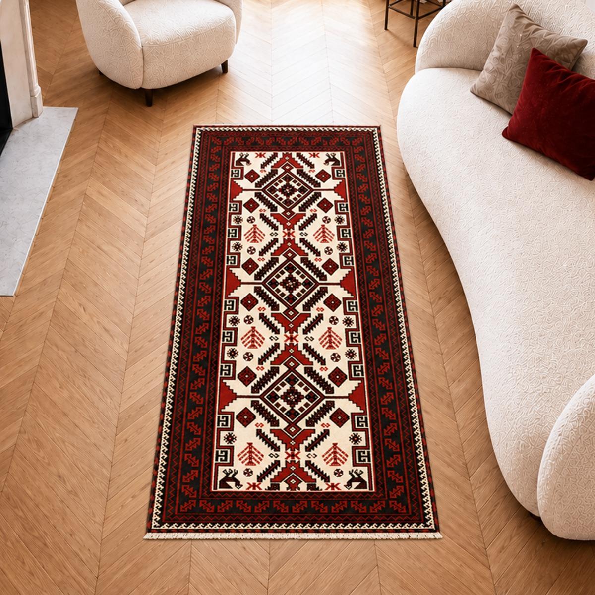Tapis salon au motif géométrique, noué main en laine, BALUTSCH 7, UN AMOUR DE TAPIS