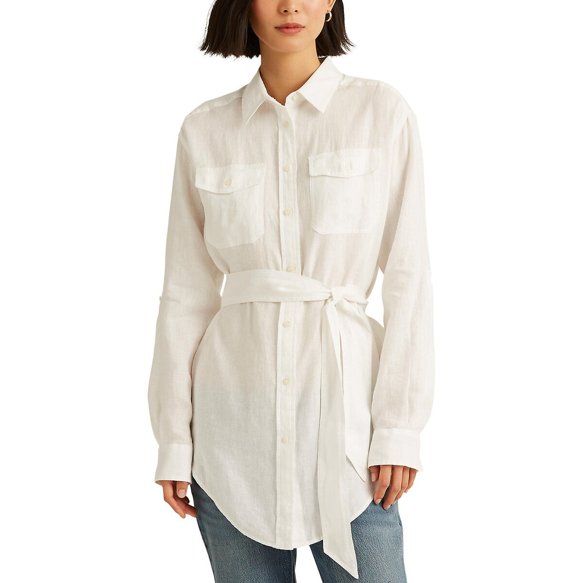 Image of Chadwick Linen Long Shirt with Tie-Waist and Long Sleeves
