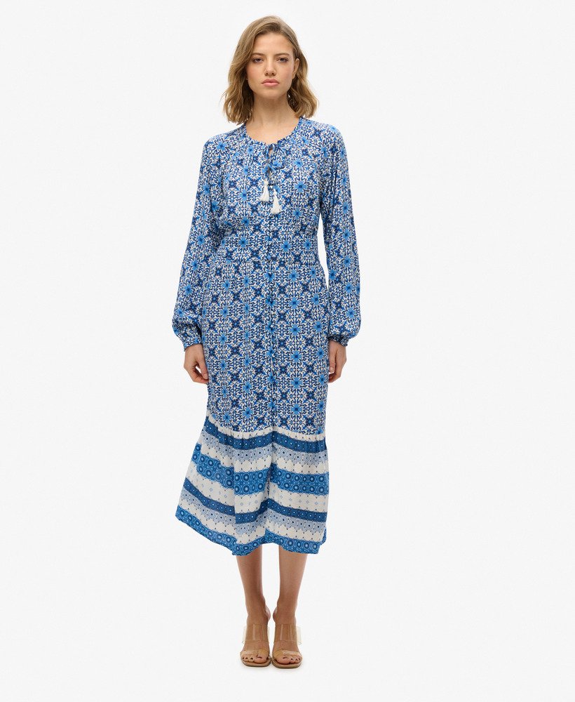 Robe mi-longue imprimée à manches longues, SUPERDRY
