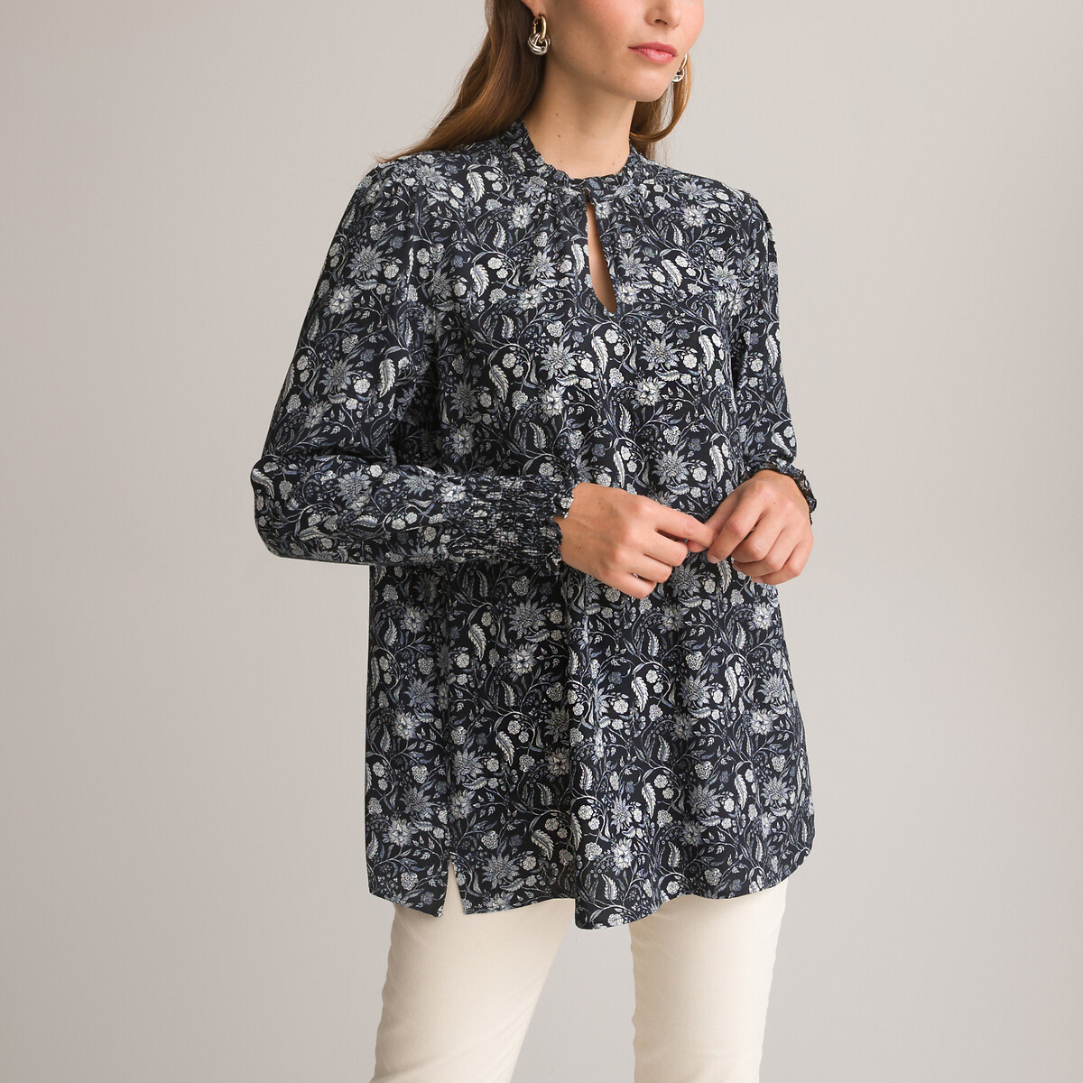 Image of Floral Print Tunic with Crew Neck and Long Sleeves
