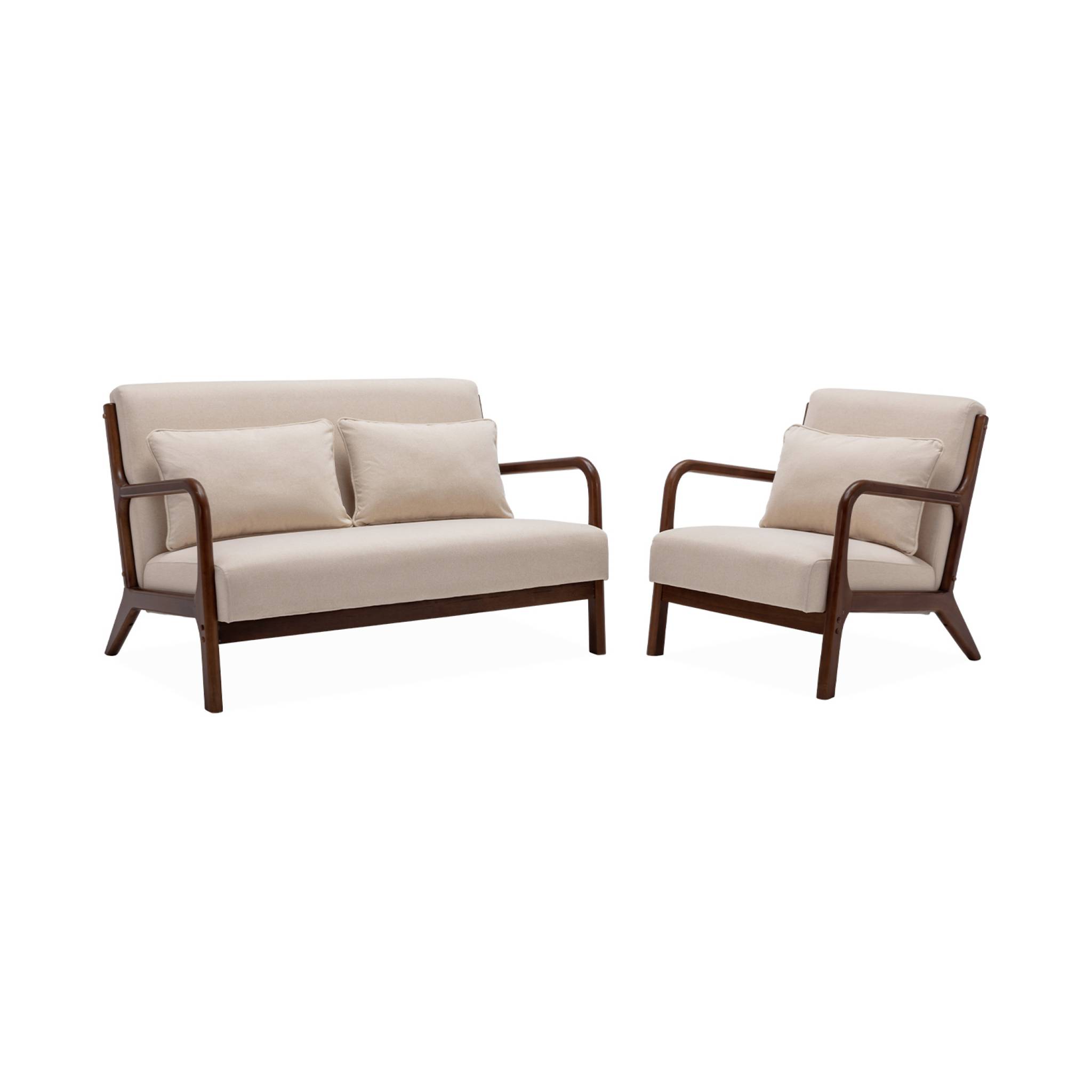 Banquette 2 places + Fauteuil bois d'hévéa teinté noyer clair et tissu LORENS, SWEEEK