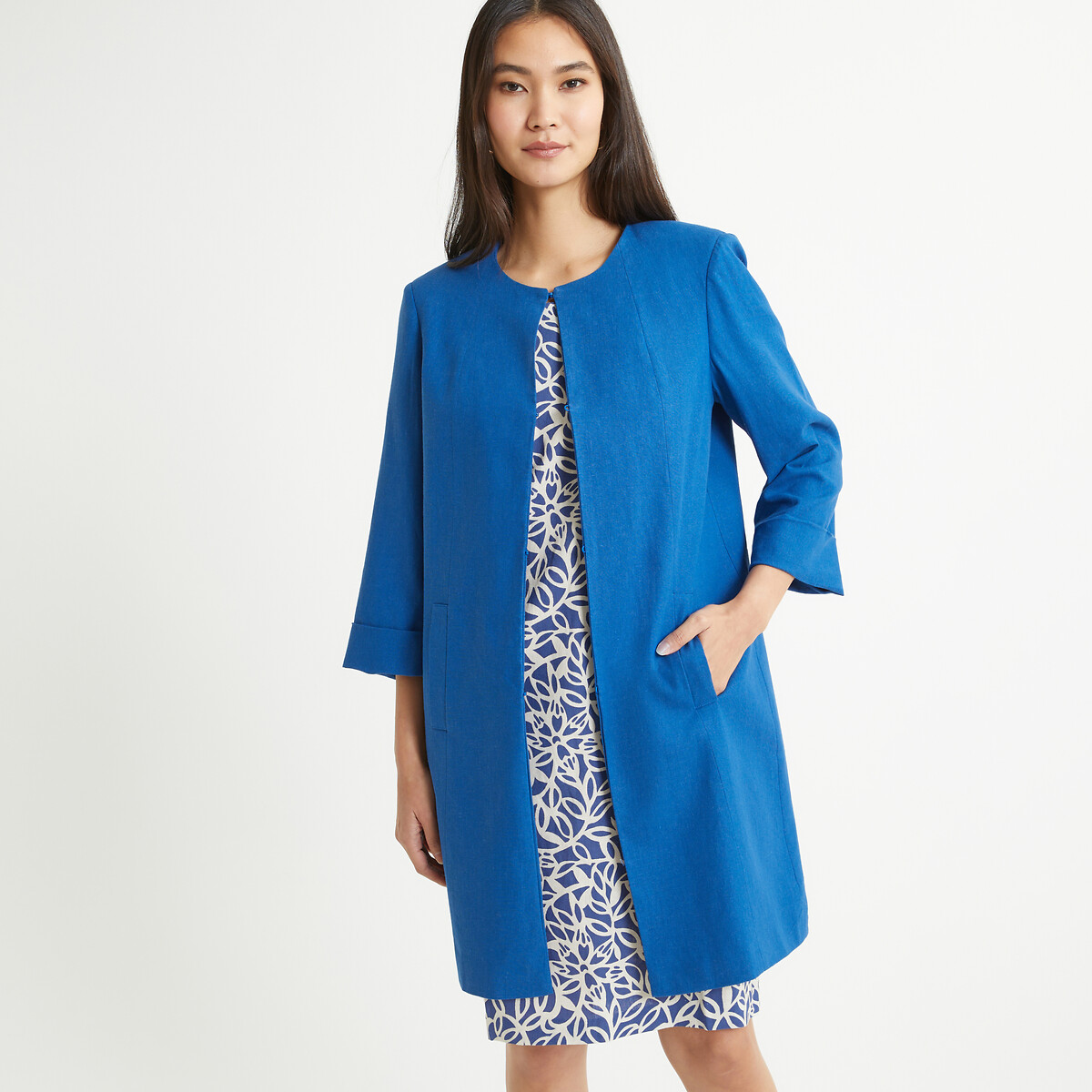 Image of Linen Mix Long Jacket, Straight Fit