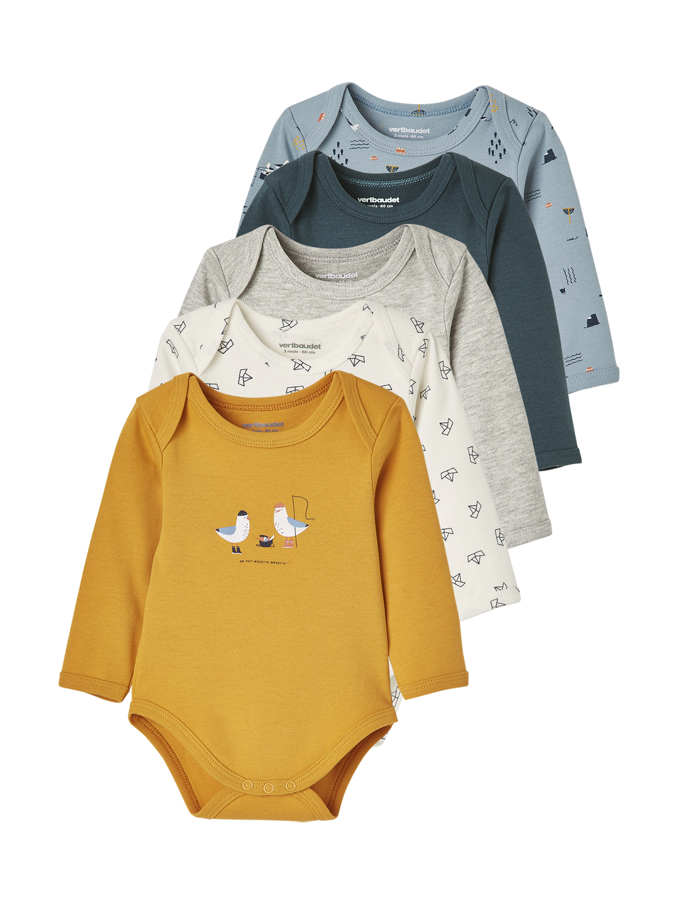 Lot de 5 bodies manches longues emmanchure US, VERTBAUDET