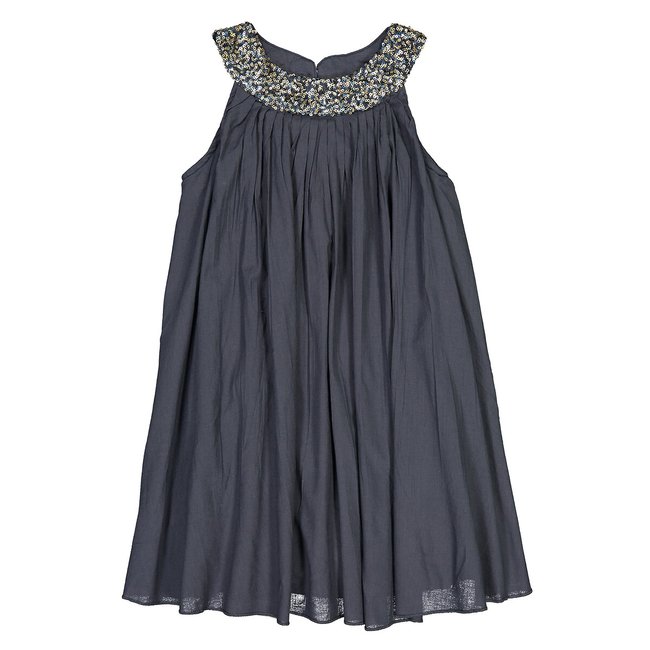 Cotton Dress with Sequin Neckline, navy blue, LA REDOUTE COLLECTIONS