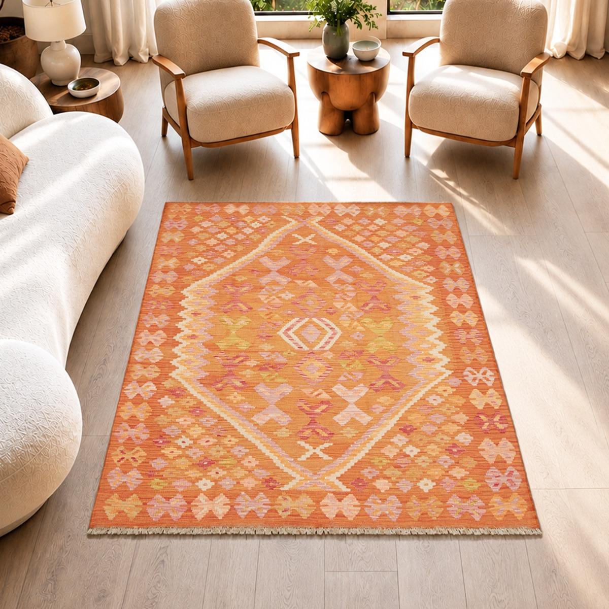 Tapis kilim au motif ethnique, tissé plat en laine naturelle, UN AMOUR DE TAPIS
