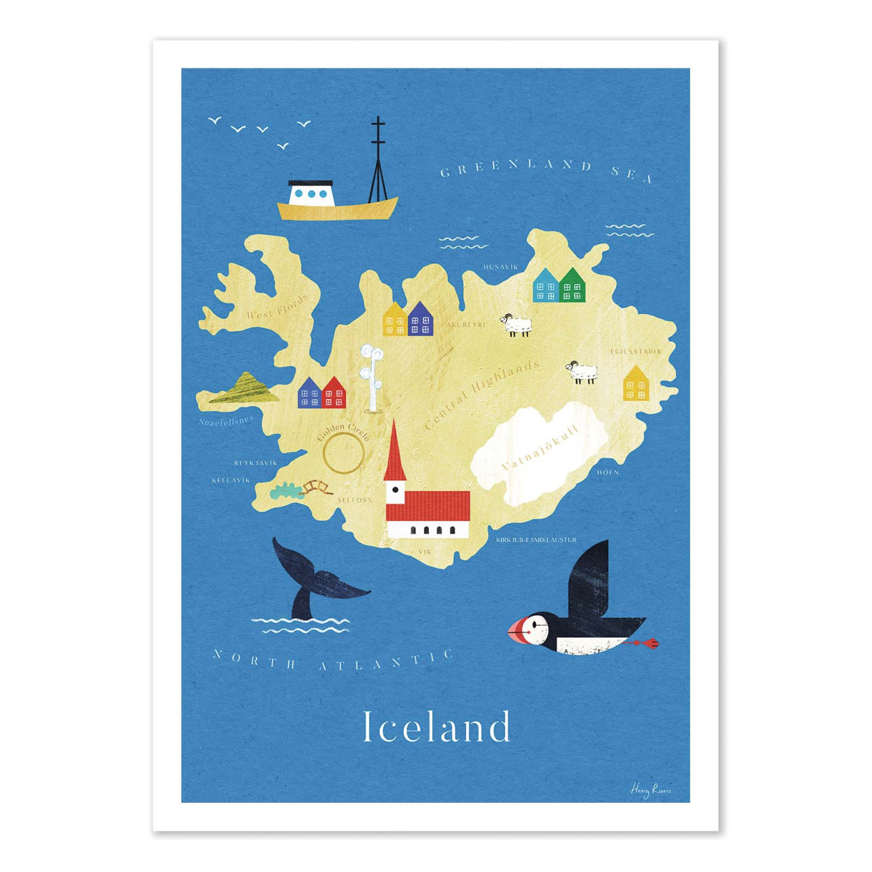 Affiche d'art - Iceland Map Travel Poster - Henry Rivers, WALL EDITIONS