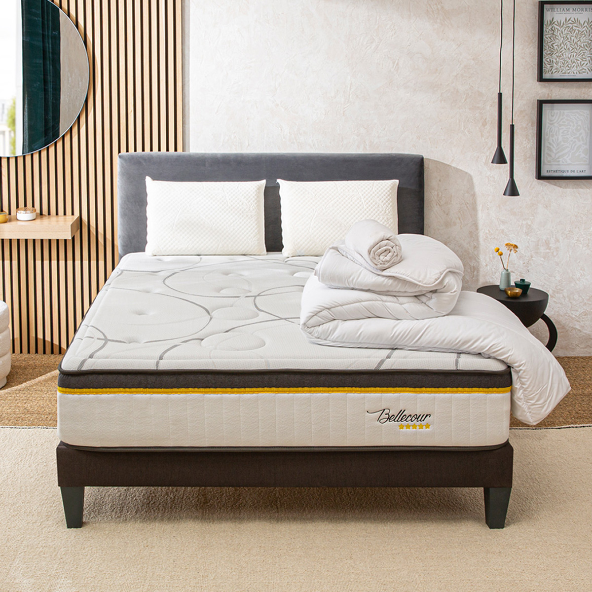 Pack prêt à dormir Bellecour 3.0 - Matelas + Sommier + Couette, oreillers, protège-matelas - 30 cm d'épaisseur, BELLECOUR