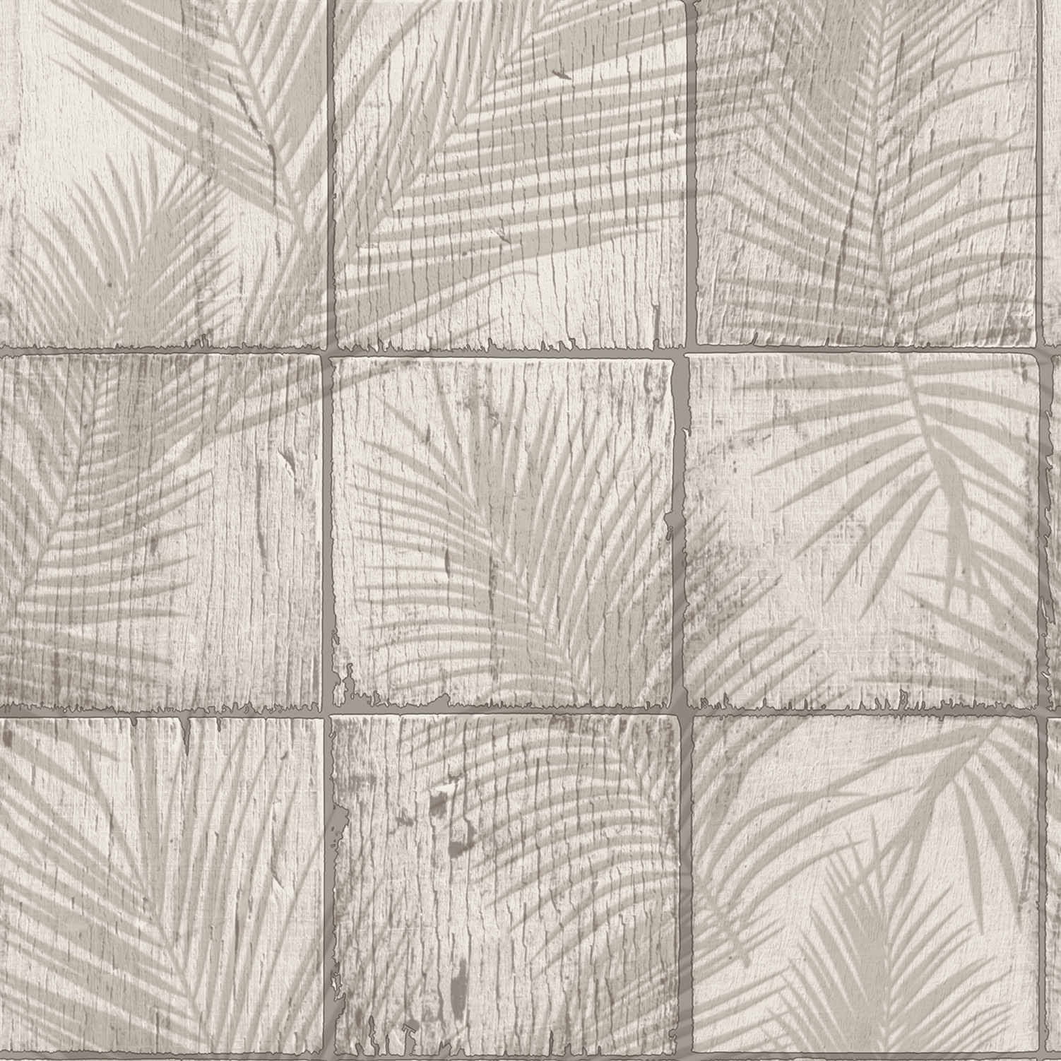 Papier peint carreaux bois flotté ombres palmiers, HEXOA