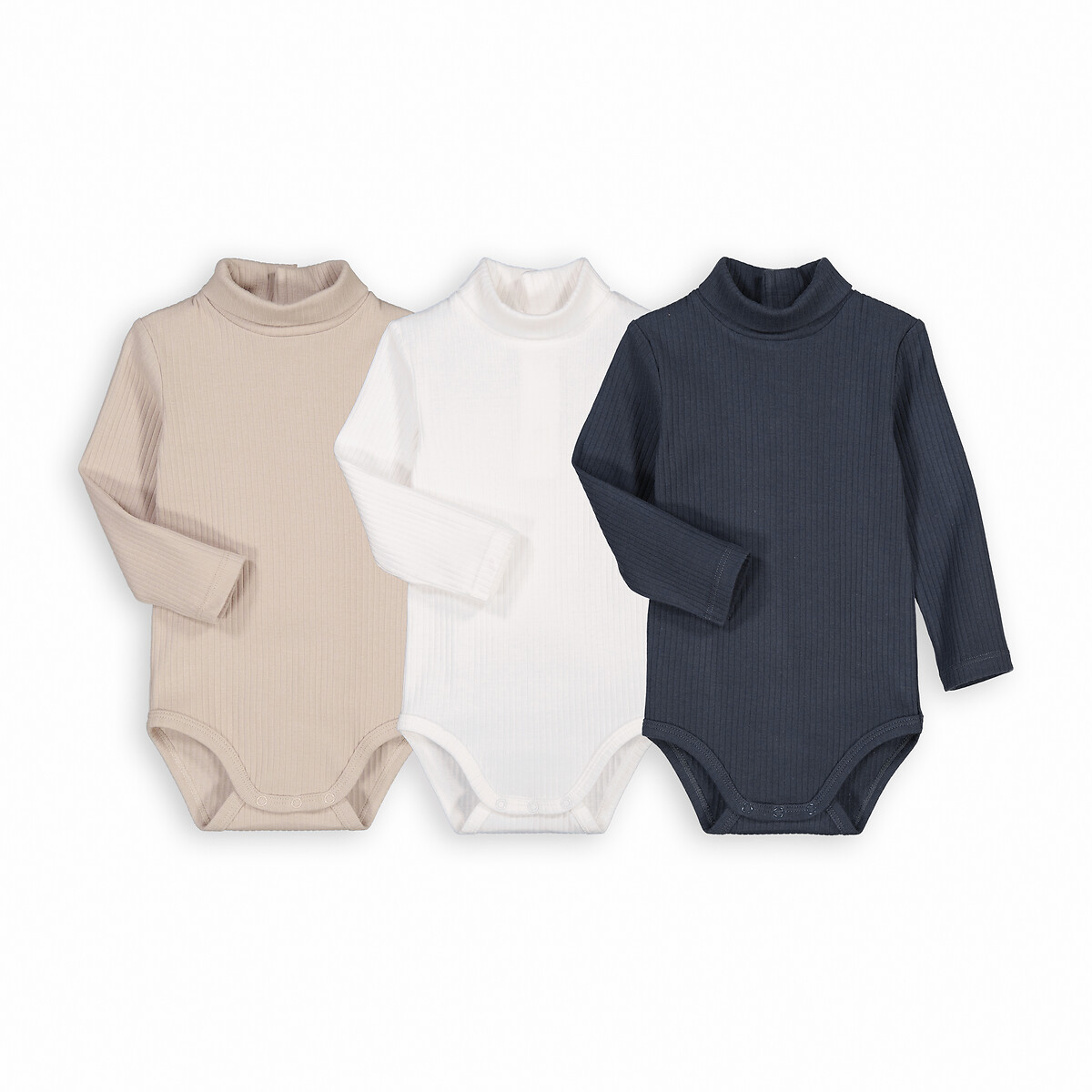 Set van 3 effen rompertjes met hoge kraag, van ribstof, LA REDOUTE COLLECTIONS