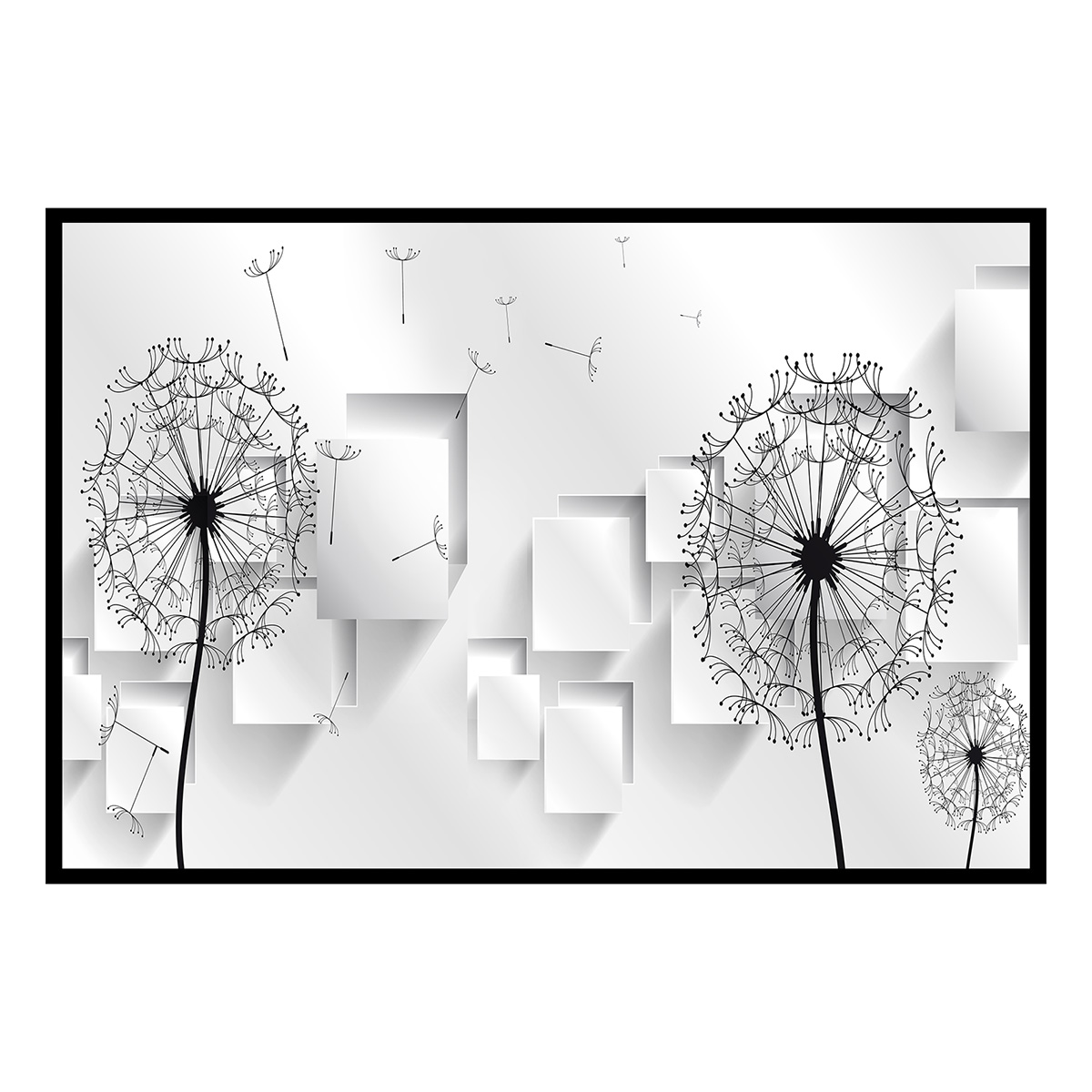 Affiche encadrée pissenlits graphiques noir et blanc, HEXOA