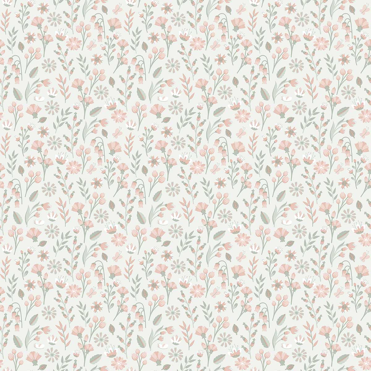 Papier peint floral champêtre rose poudré, HEXOA