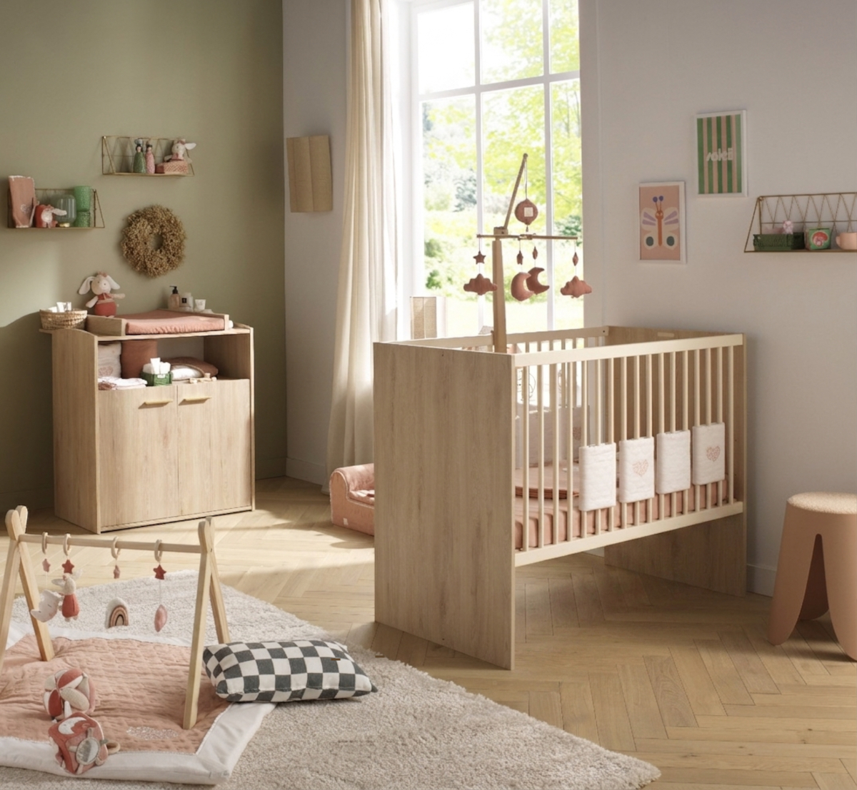 Chambre bébé duo: Lit bébé 60x120 évolutif et commode à langer 2 portes décor bois hêtre, SAUTHON