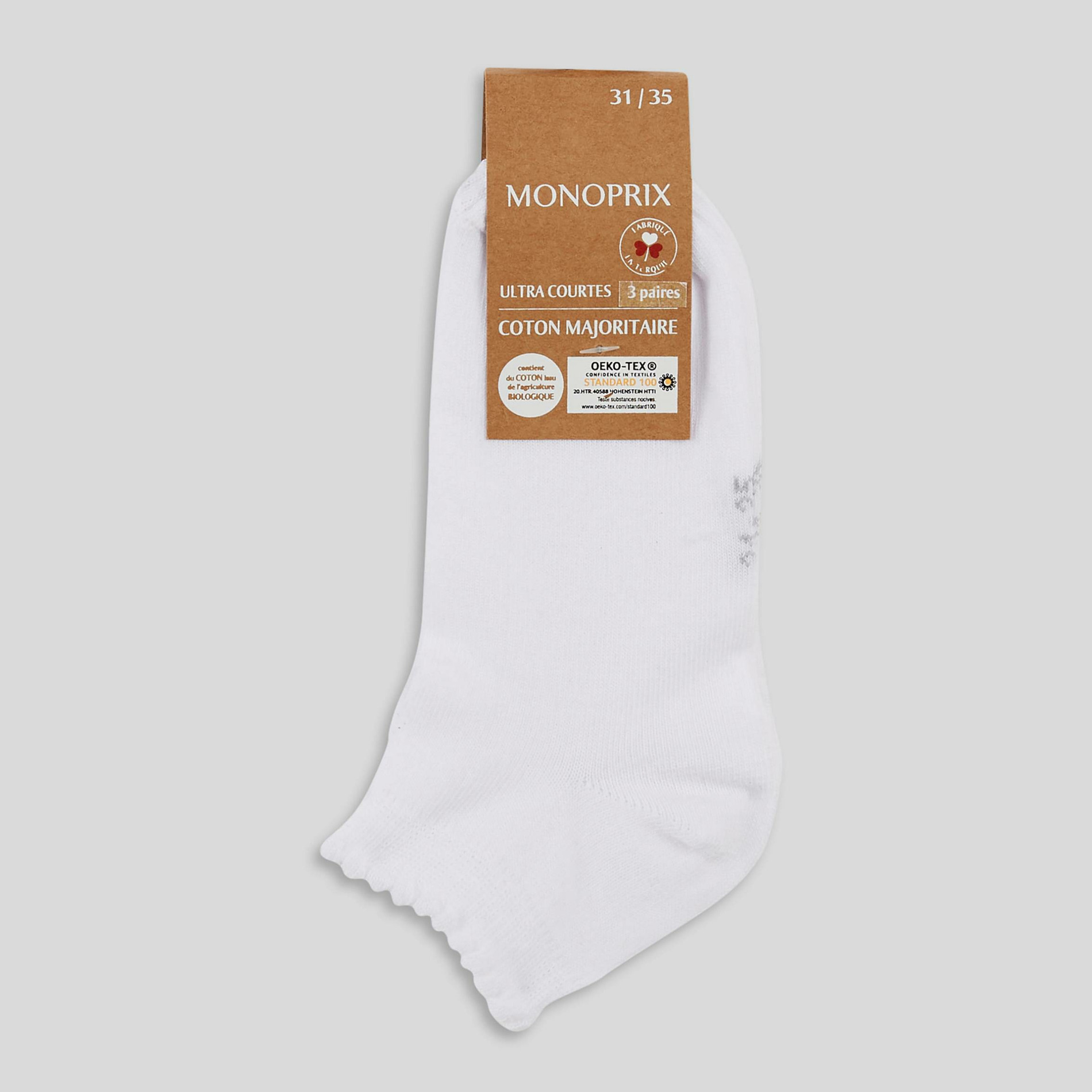 Lot de 3 paires de socquettes à bord cocotte contenant du coton BIO GOTS, MONOPRIX