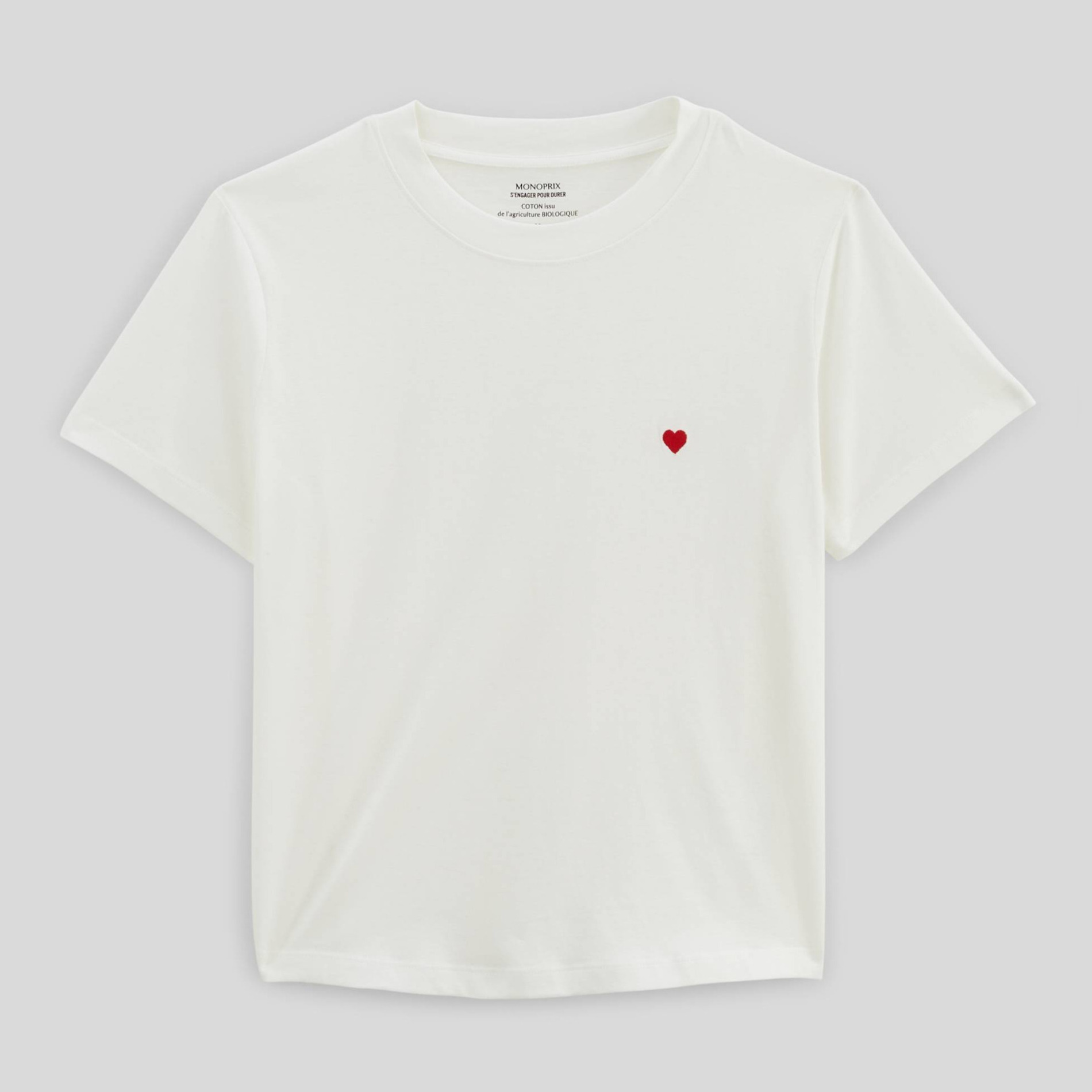 T-shirt col rond broderie coeur, MONOPRIX