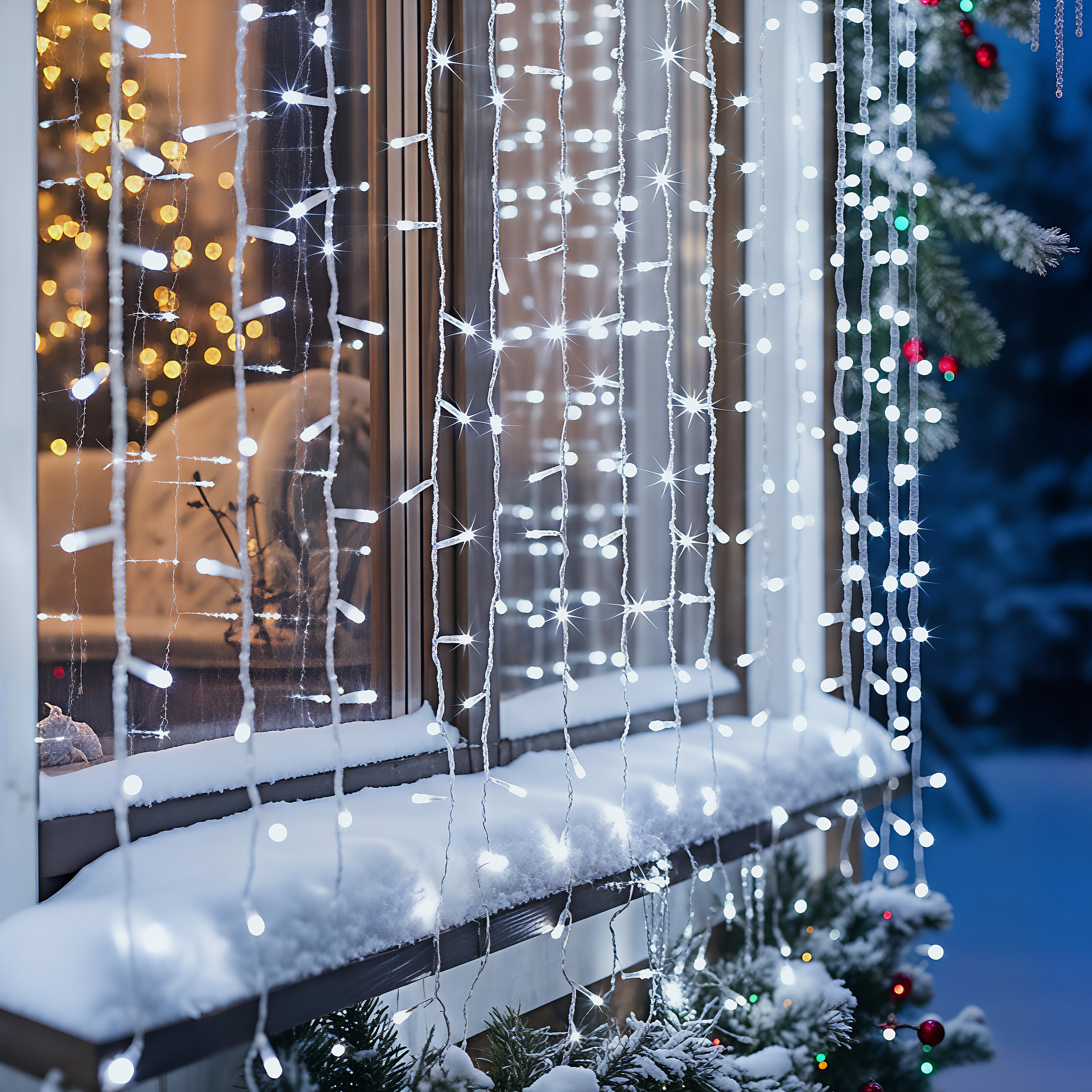Rideau lumineux de façade d'extérieur 2 x 2 m 400 LED blanc froid à effets avec minuteur sur secteur, FEERIC LIGHTS & CHRISTMAS