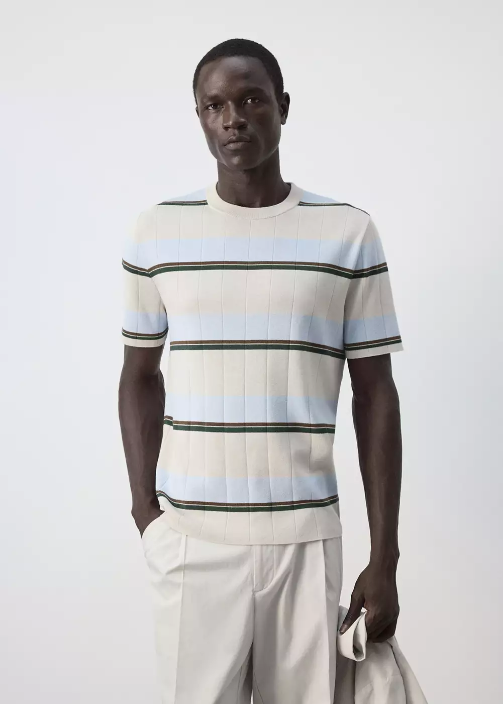 T-shirt en mélange de coton en maille à rayures, MANGO MAN