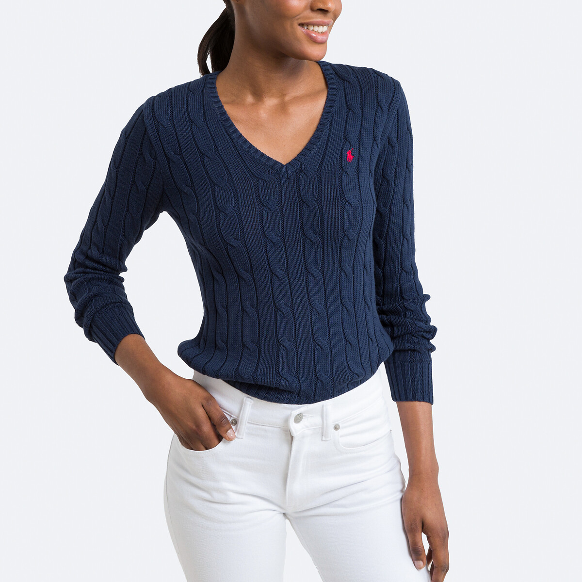 Cotton cable knit jumper with v-neck , navy, Polo Ralph Lauren | La Redoute