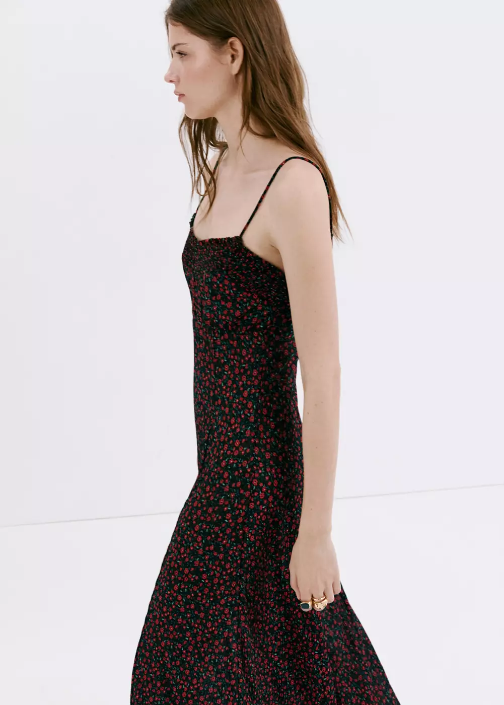 Robe midi à fleurs à décolleté froncé, MANGO