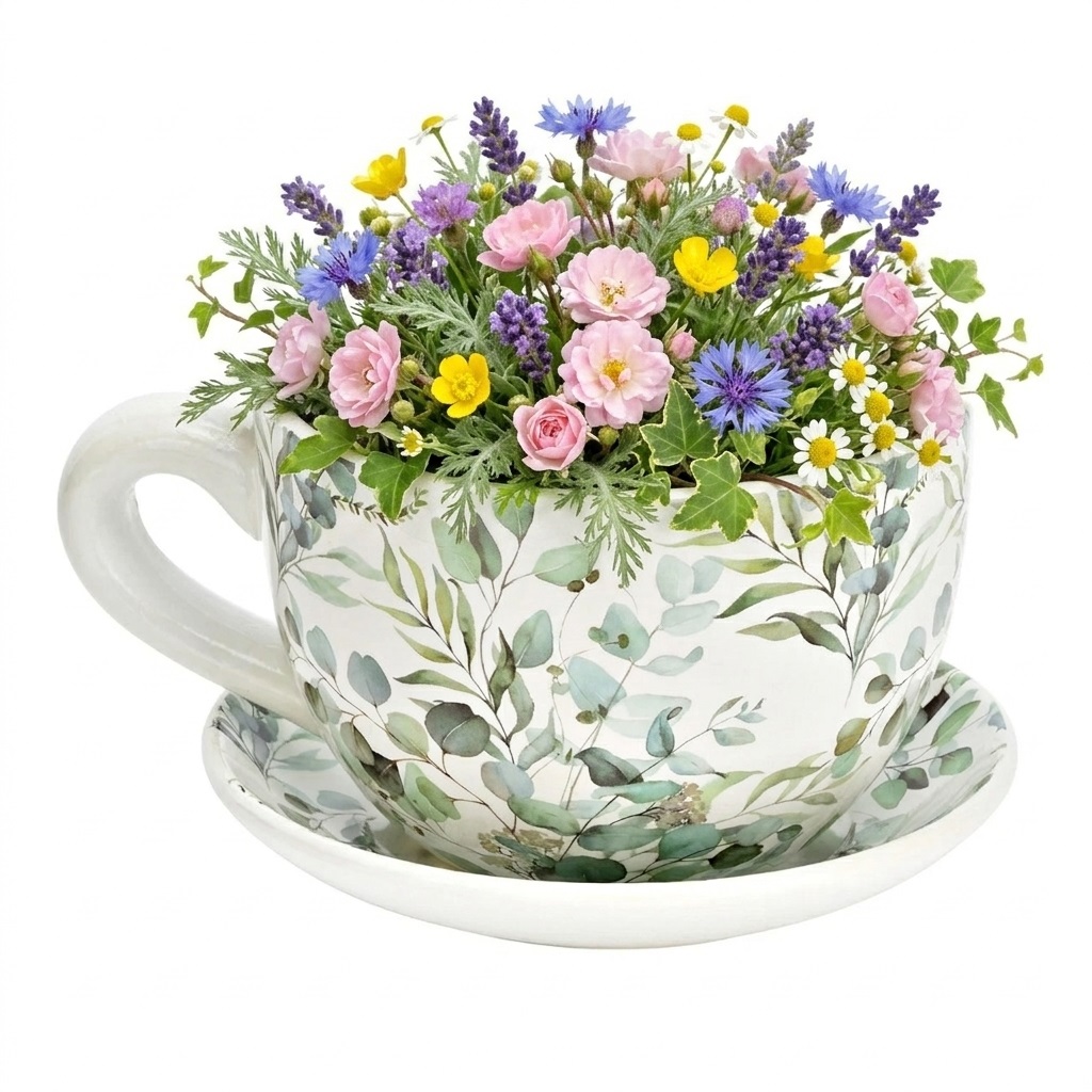 Vase ou pot de fleurs en forme de tasse feuilles d'eucalyptus, EDEN