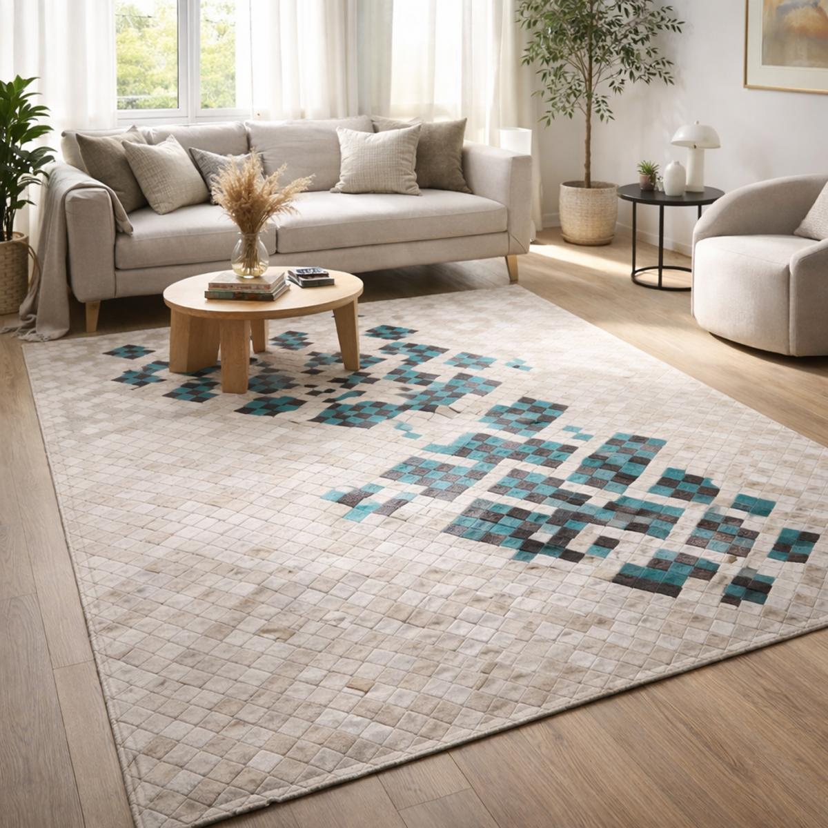 Tapis peau de vache DIMEDE, kilim fait main, UN AMOUR DE TAPIS