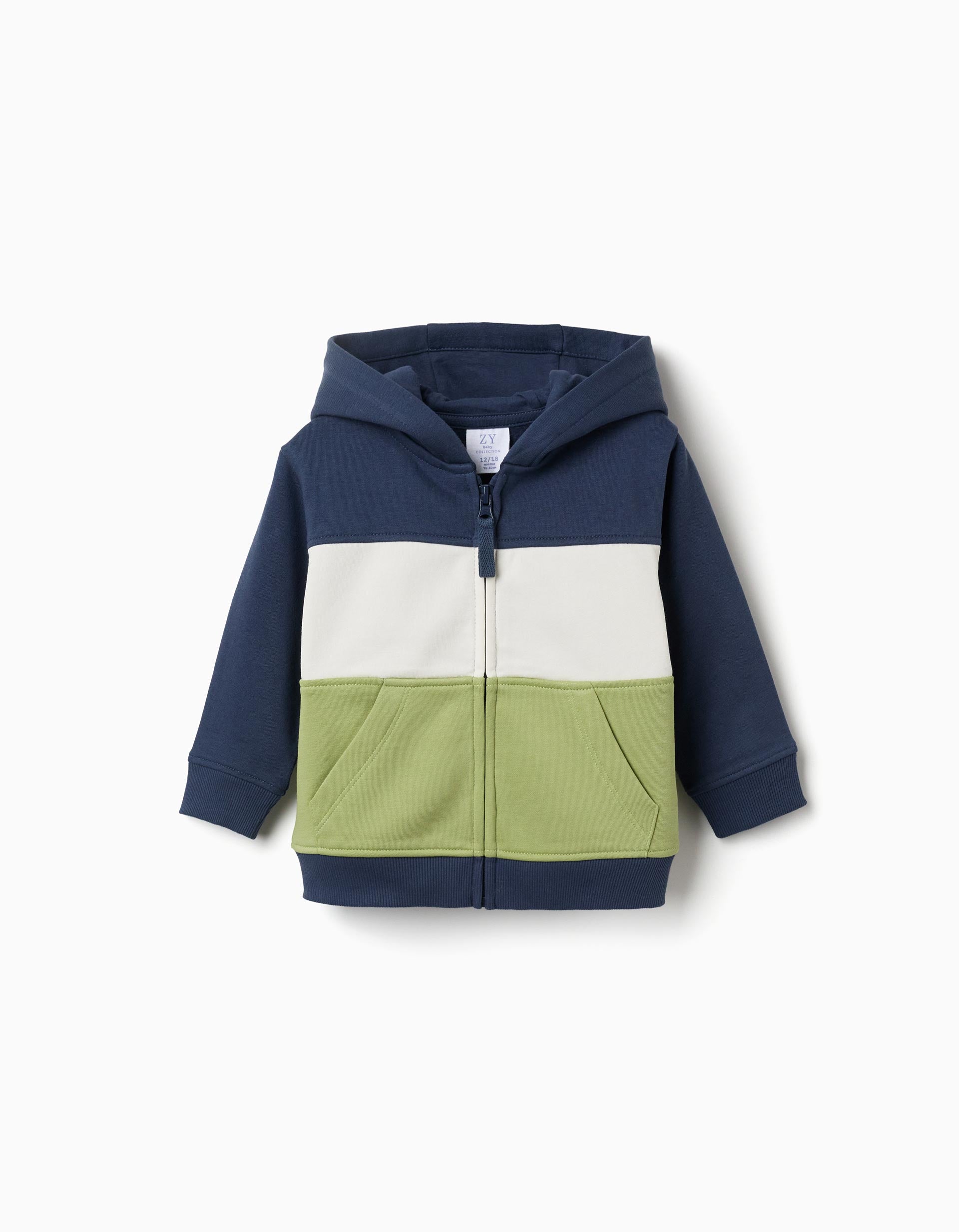 Sweat zippé en coton peigné à capuche et bloc de couleurs, ZIPPY