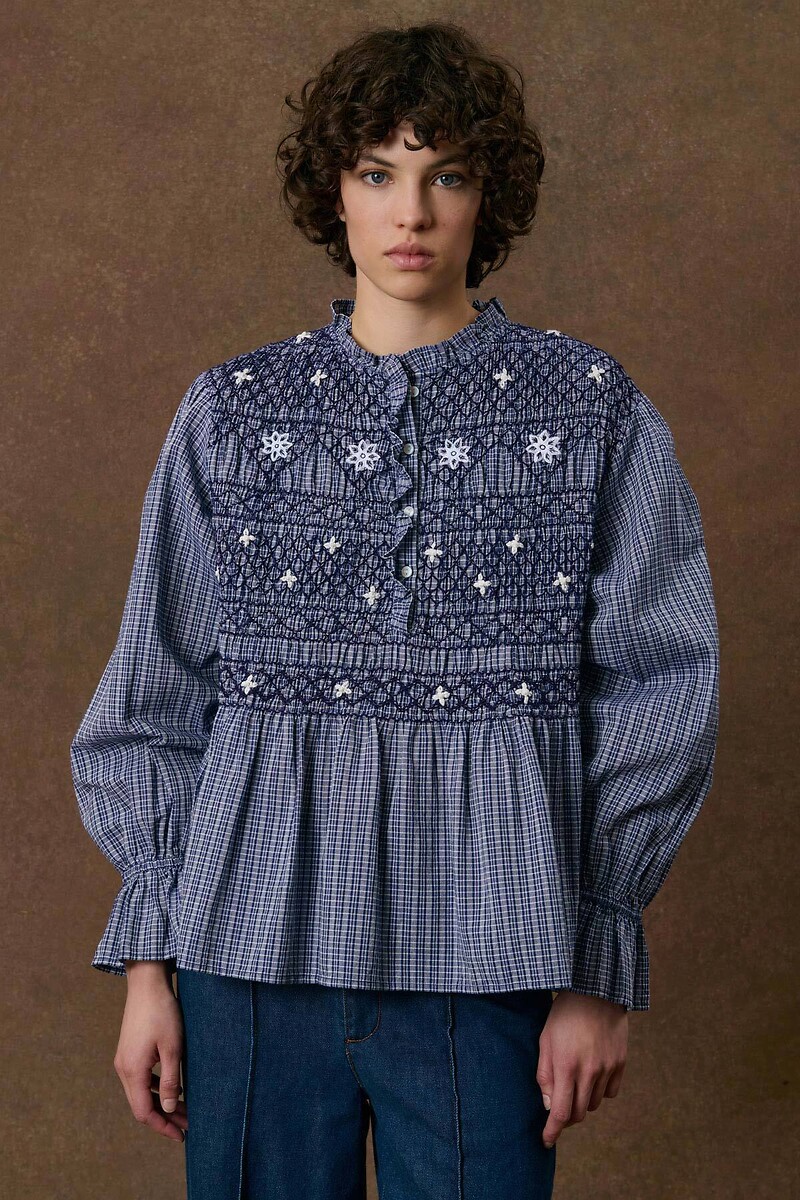 Camicetta a quadri con collo rotondo e smock, ILEANA, LOUISE MISHA
