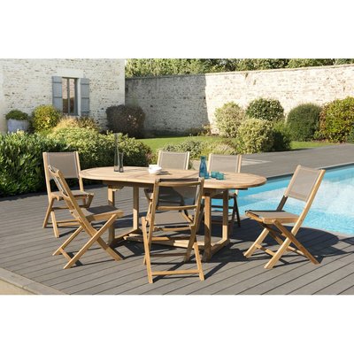 Salon de jardin extensible ovale bois de teck table de jardin 150/200x90cm + 6 chaises pliantes SUMMER PIER IMPORT