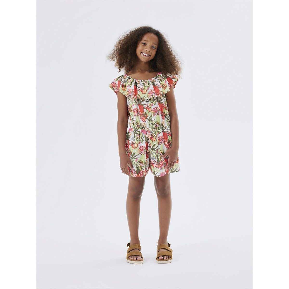 Image of Leaf Print Cotton Dress with Short Sleeves