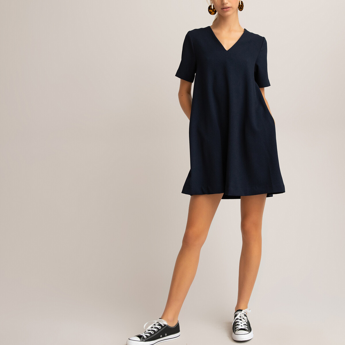 Robe courte encolure v manches courtes La Redoute Collections La Redoute
