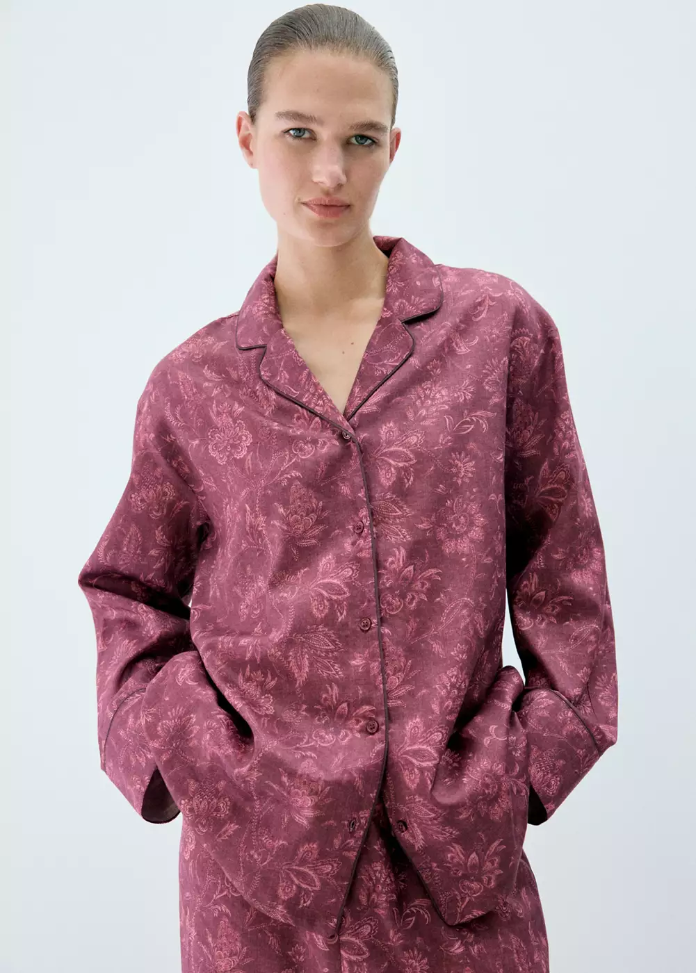 Chemise pyjama imprimée passepoil, MANGO