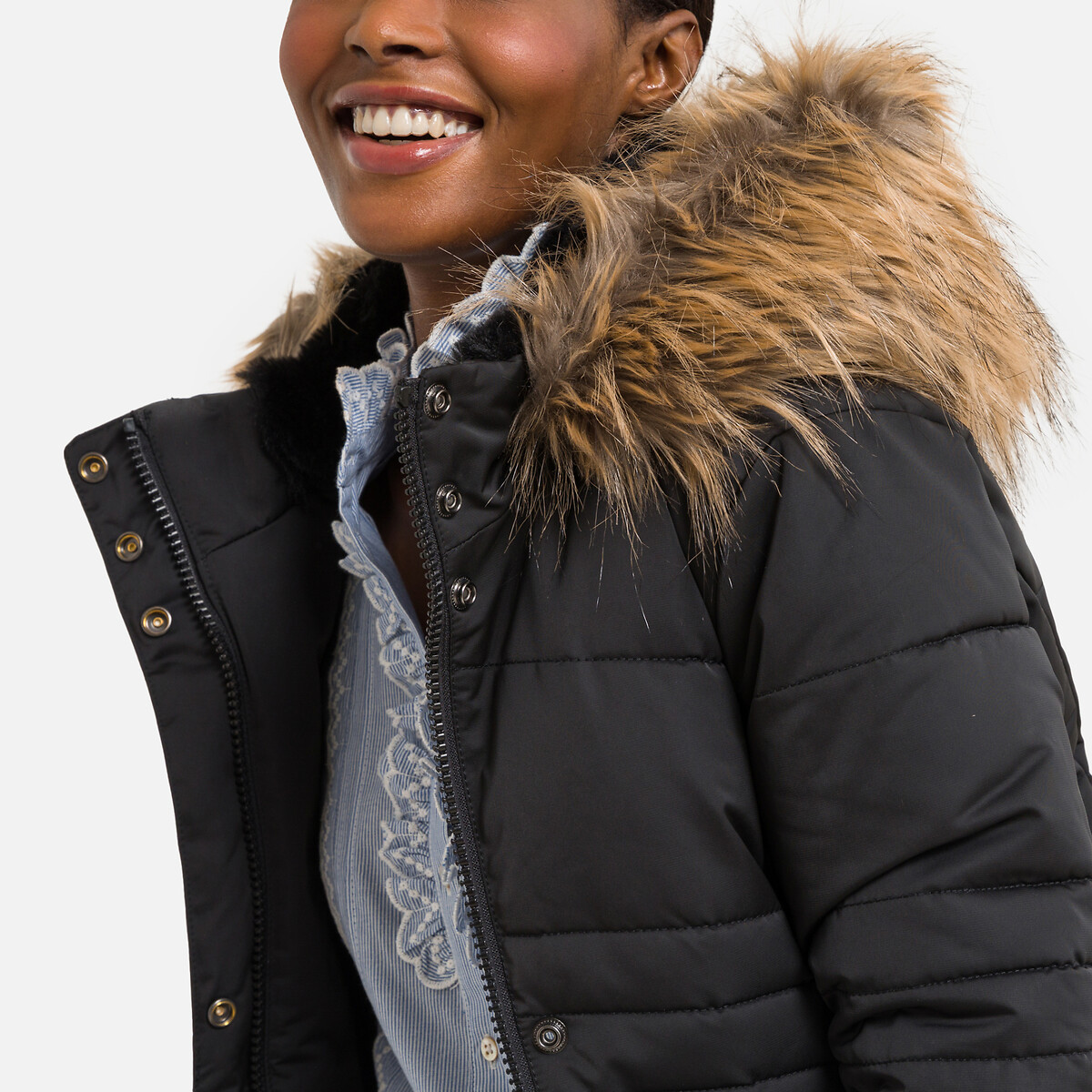 Esprit mid padded jacket with on sale faux fur hood in black
