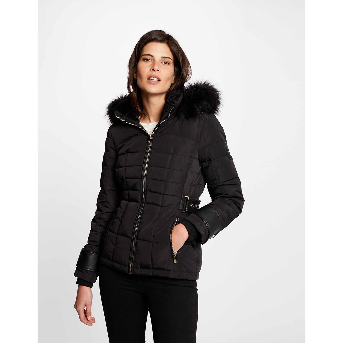 Short Hooded Padded Jacket with Faux Fur Trim and Zip Fastening