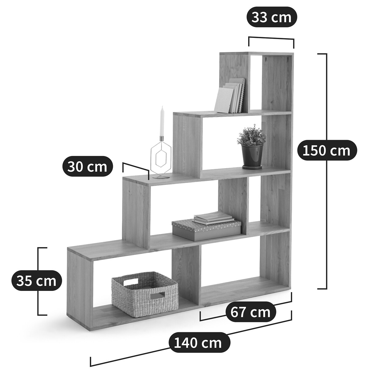 Étagère Escalier 7 Cases L145 X H145 Cm Chêne Clair - Séparateur De Pièce Moderne