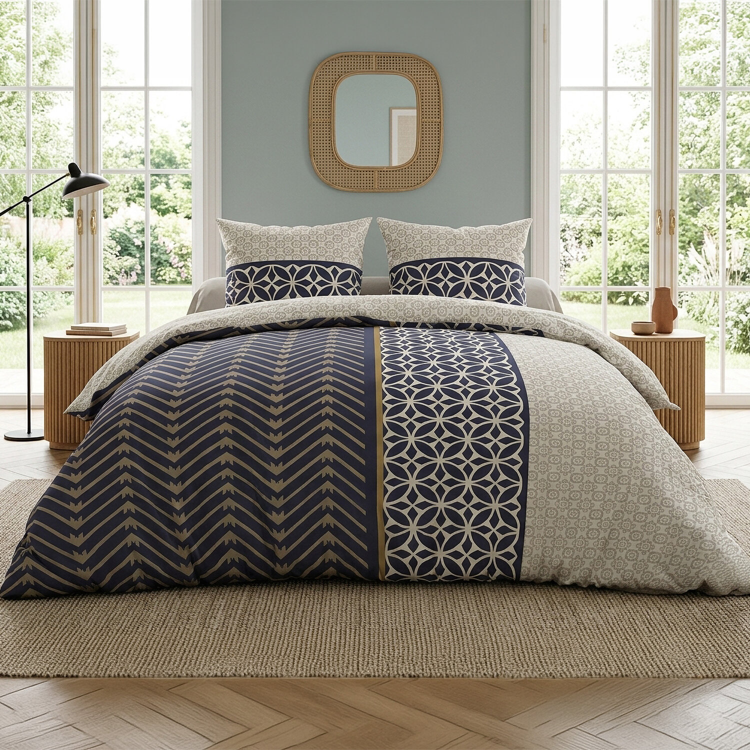 Parure de lit en coton art deco bleu et beige, MELVIN, ATELIER DU COTON