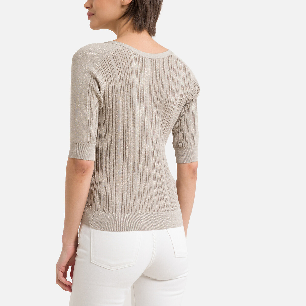 Short Sleeve Cardigan with V-Neck in Fine Knit