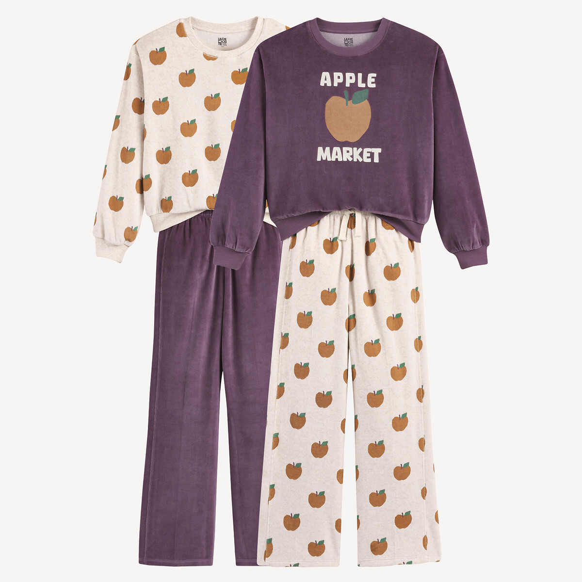 Lot de 2 pyjamas velours, motif pommes, LA REDOUTE COLLECTIONS