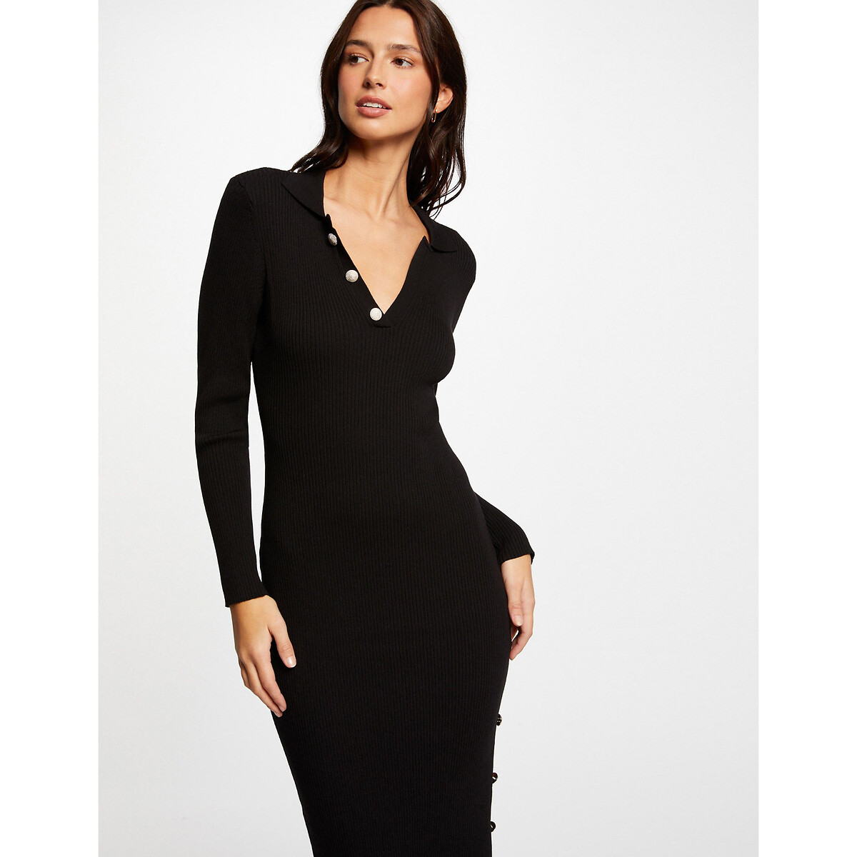 Bodycon Jumper Dress with Split, Button Trim and Long Sleeves
