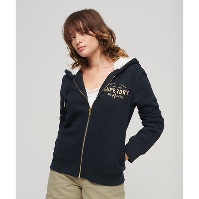 Metallic Embroidered Logo Hoodie in Cotton Mix with Faux Fur Lining and Zip Fastening SUPERDRY