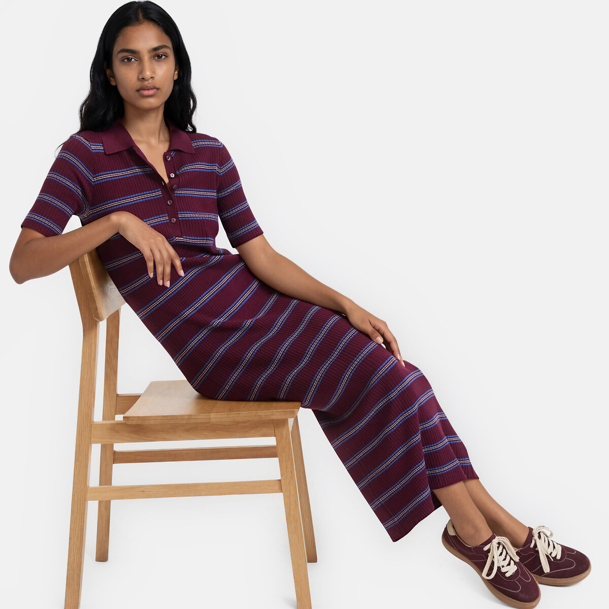 Robe droite rayée en maille, longue, manches courtes, LA REDOUTE COLLECTIONS