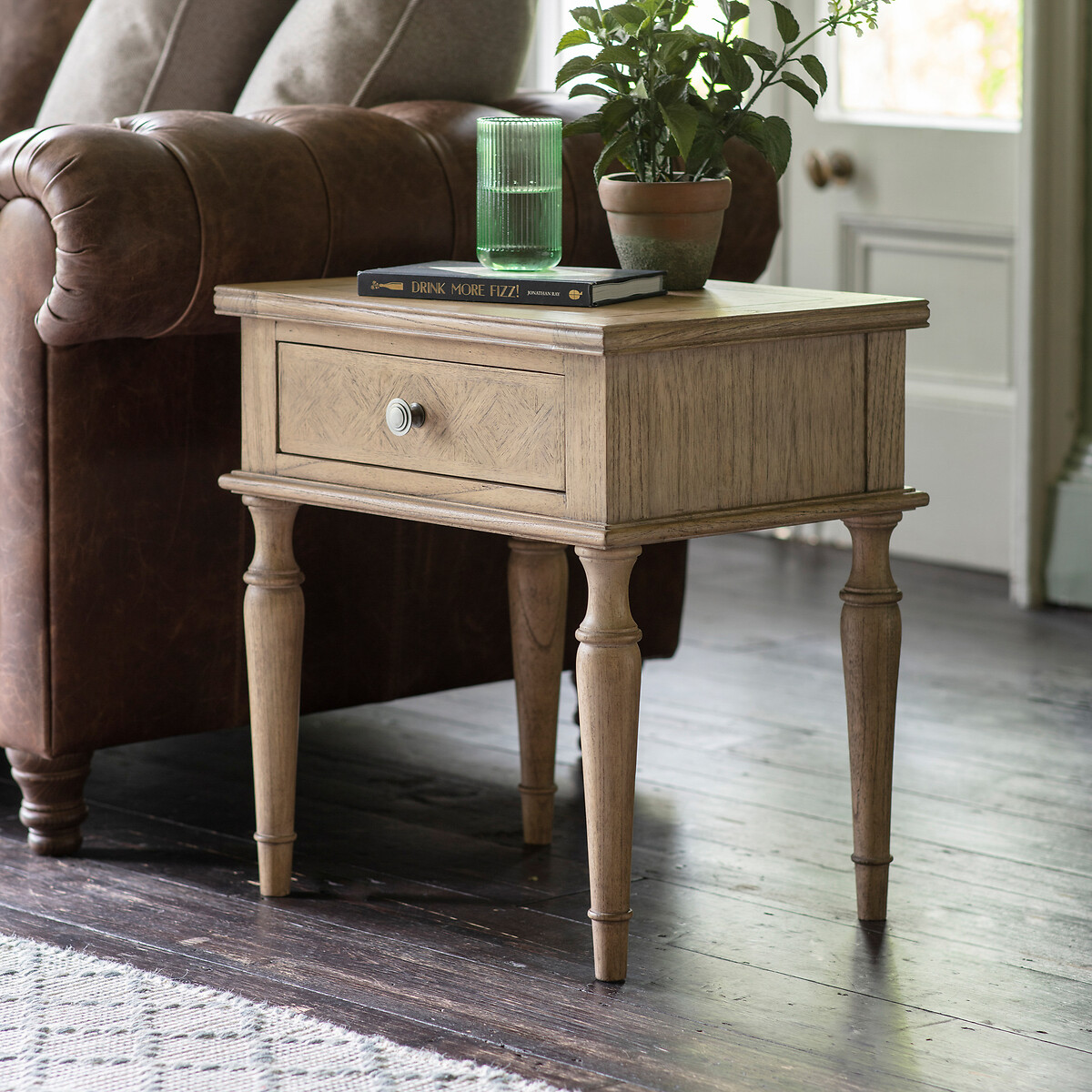Nashik 1 Drawer Ash Wood Parquet Side Table, ÉDITÉ