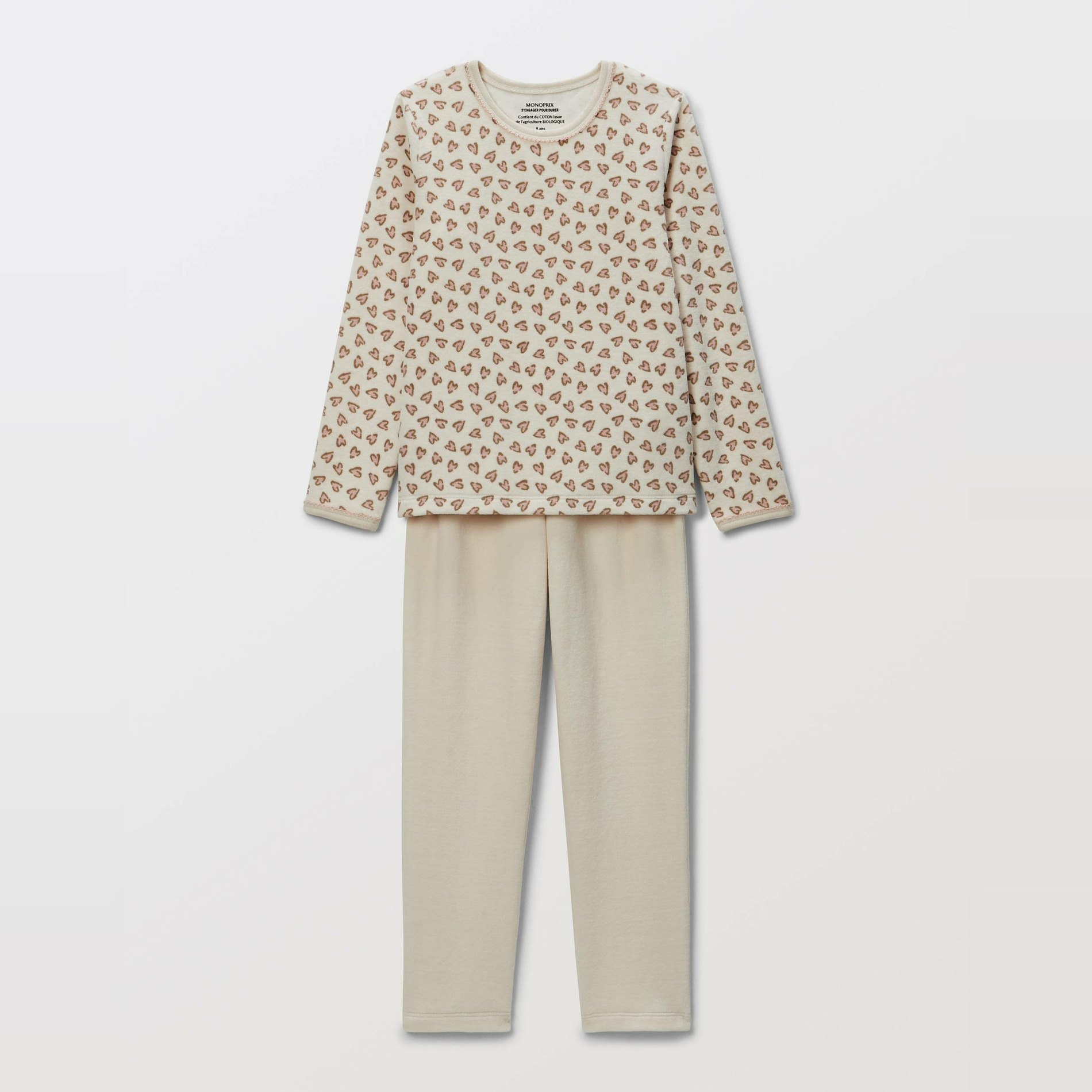 Pyjama velours manches longues en coton BIO GOTS, MONOPRIX
