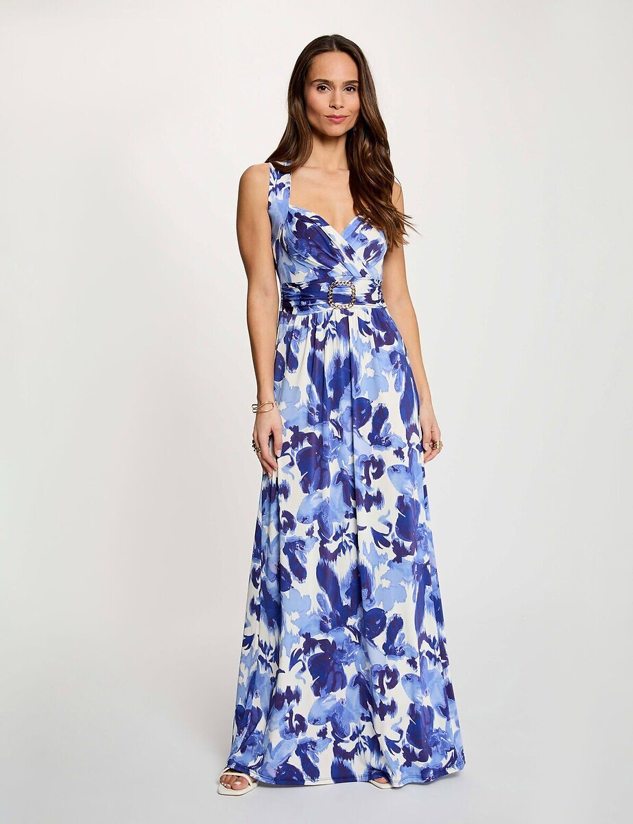 Robe longue imprimée col v, MORGAN