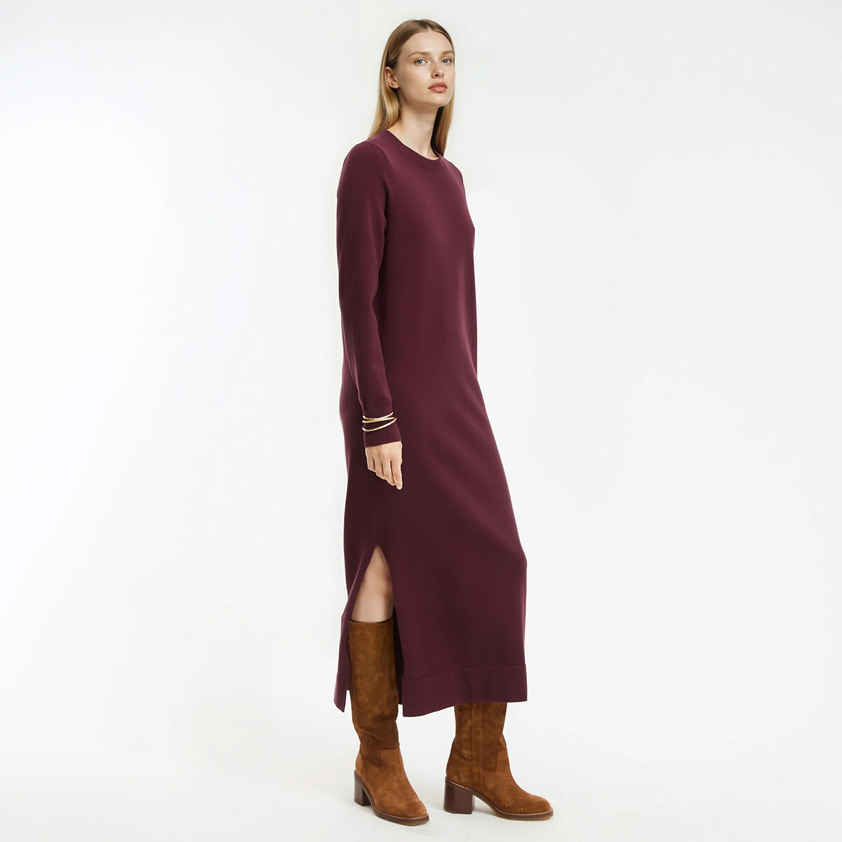 Maxi jumper/sweater dress with long sleeves burgundy red La Redoute  Collections | La Redoute
