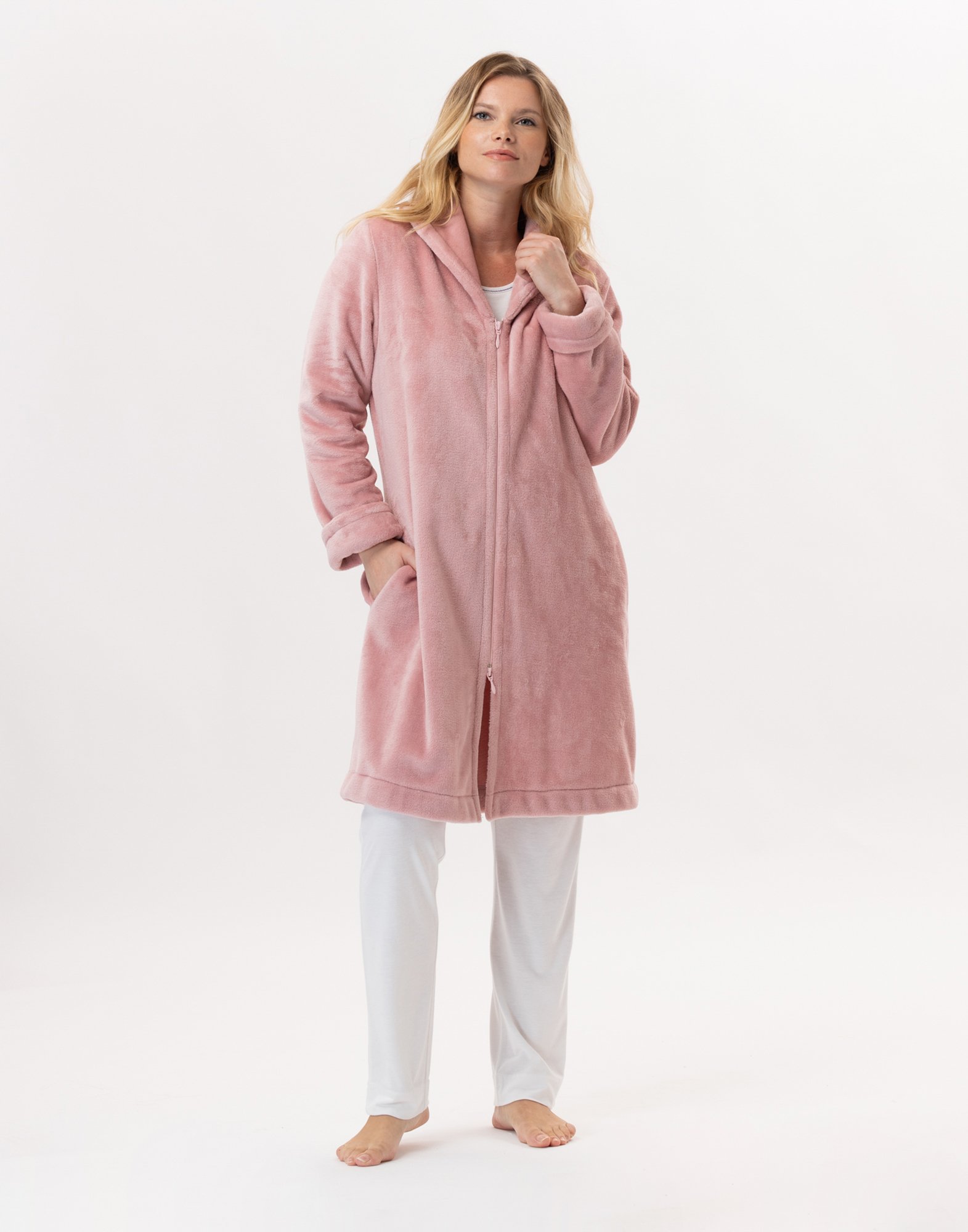 Robe de chambre zipée en peluche flanelle essentiel h56b rose Le