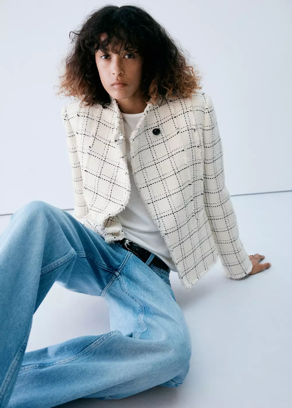 Veste à carreaux avec col en tweed, MANGO
