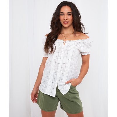 Cotton Embroidered Ruffled Blouse with Short Puff Sleeves JOE BROWNS