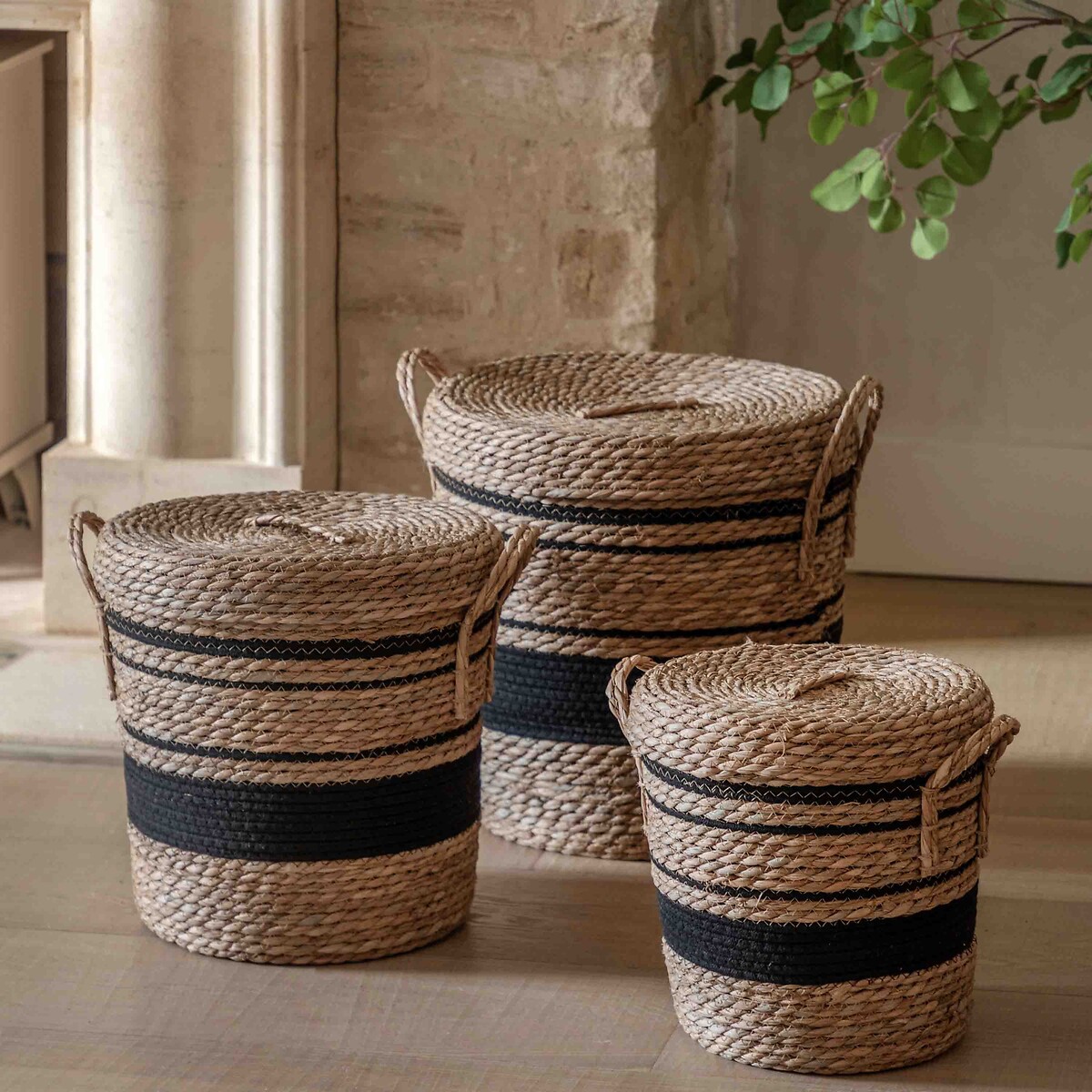 Set of 3 Cotton Lined Nested Baskets in Black Stripe, ÉDITÉ