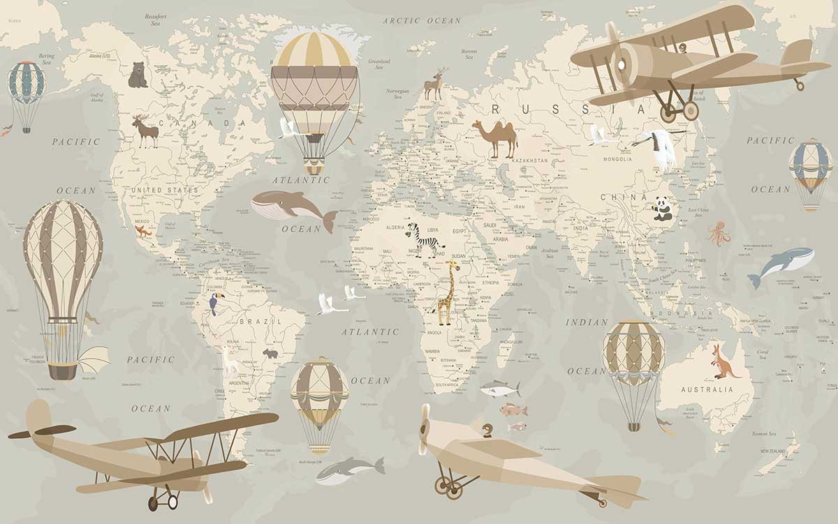 Tableau enfant carte du monde avions et montgolfières - 80x50 cm, HEXOA